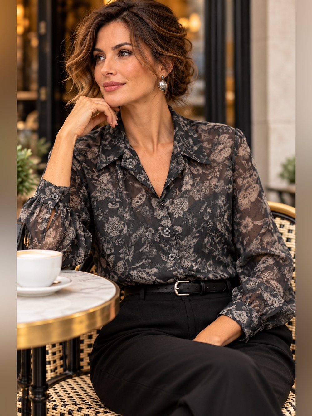 Gloria Vanderbilt Black Floral Sheer Button-Up Blouse